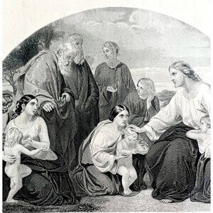 Christ Blessing Children Steel Engraving 1859 Victorian Religious Art DWY5F